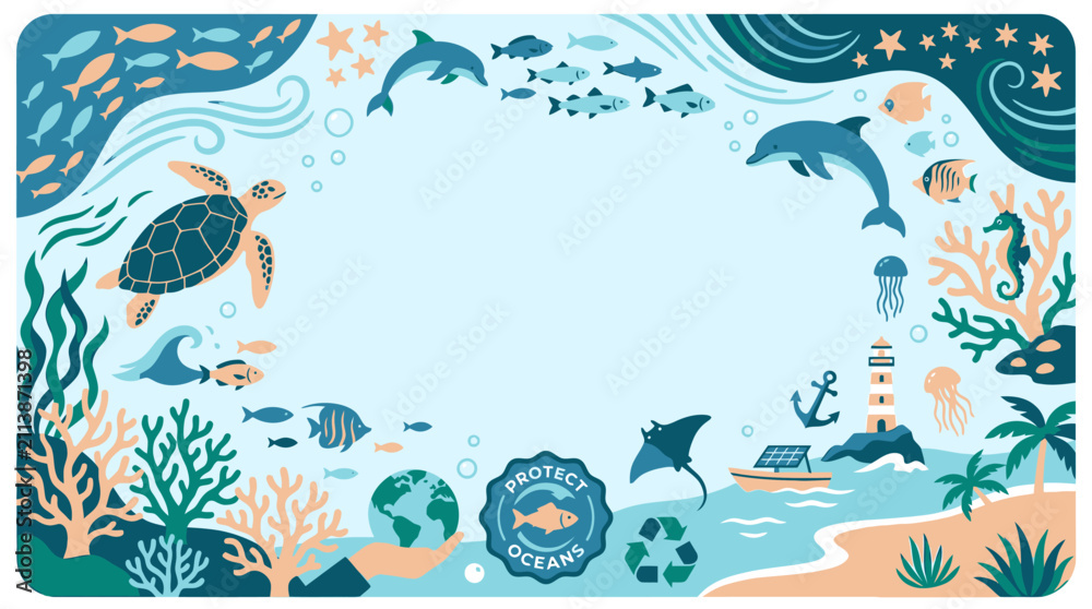 Obraz premium Marine life border with sea creatures and coral reef.
