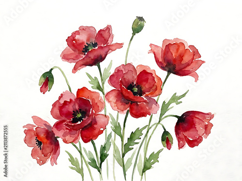 Beautiful hand painted watercolor floral art featuring vibrant red poppy flowers on a clean white background