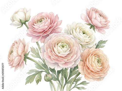 Beautiful hand painted watercolor floral arrangement featuring soft pink and white ranunculus flowers on white background
