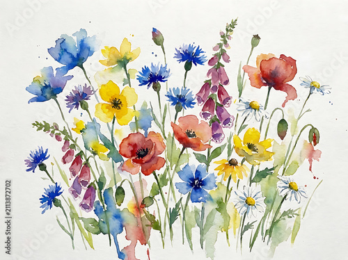 A beautiful hand painted watercolor floral arrangement featuring vibrant wildflowers in a soft artistic style design