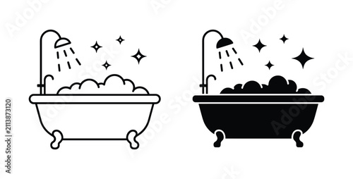 Fényképezés Bathtub Icon Set: A minimalist set of bathtub icons, one line art and one silhouette, showcasing a bubbly bath with a showerhead and sparkling stars, ideal for hygiene or relaxation themes