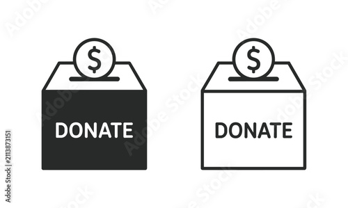 Obraz na plátne Donation Box Icon: Simple graphic icons depicting a donation box with the word DONATE clearly visible and a coin being inserted, symbolizing charity and giving