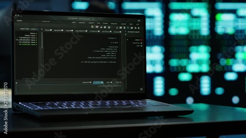 In a server farm, software developer checks infrastructure energy use with a laptop, supporting energy efficiency, power use control and database reliability during practical IT operations