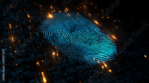 A digital fingerprint glowing in a futuristic setting, symbolizing cybersecurity and identity verification in the age of technology and innovation.