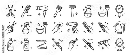 Fotografie Hairdressing Tools and Accessories Collection Doodle Icons