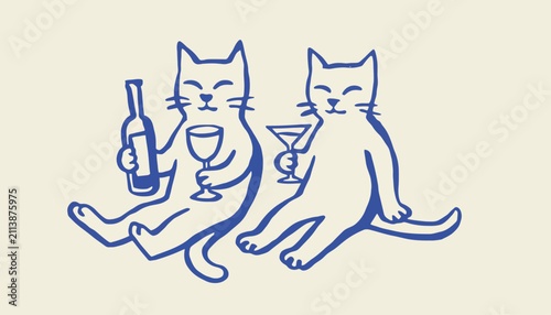 Cats anthropomorphized as social drinkers hold a wine bottle and glass in this artistic sketch.