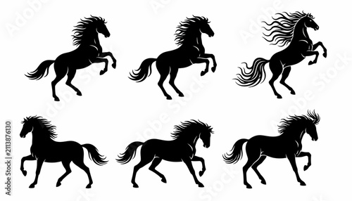 Quadro su tela Horses are depicted as a collection of black silhouettes in various dynamic poses against a white background