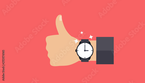 Quadro su tela Hand gesture showing a thumbs up is paired with a wristwatch to represent punctuality and business efficiency