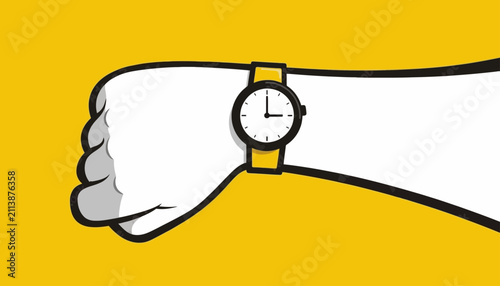 Принти на полотні Wristwatch worn on a human arm indicates the passage of time against a solid yellow background