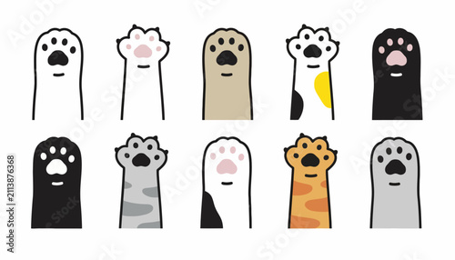 Foto Cat paws show a variety of colored fur patterns and pads in a cute cartoon arrangement