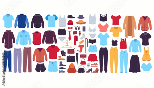 Картината върху платно Clothing items including shirts, pants, and accessories are organized in a flat lay style collection