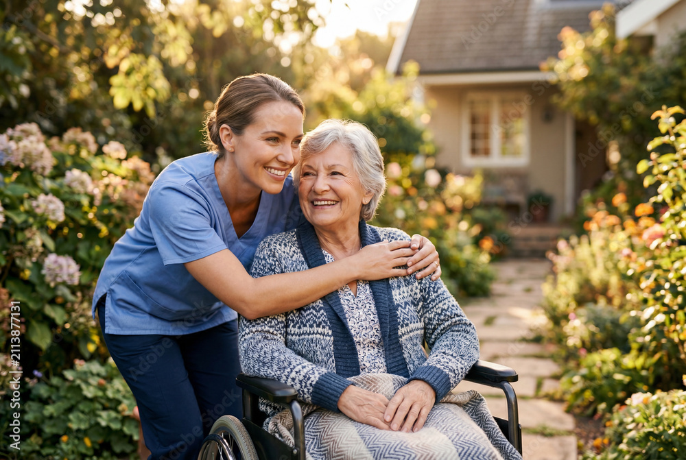 Fototapeta premium Female caregiver pushing a senior woman in a wheelchair through a sunny garden