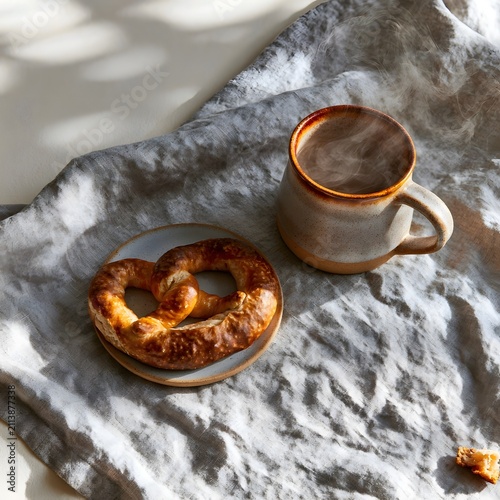 Soft pretzel and stoneware mug on rustic autumn linen tablecloth