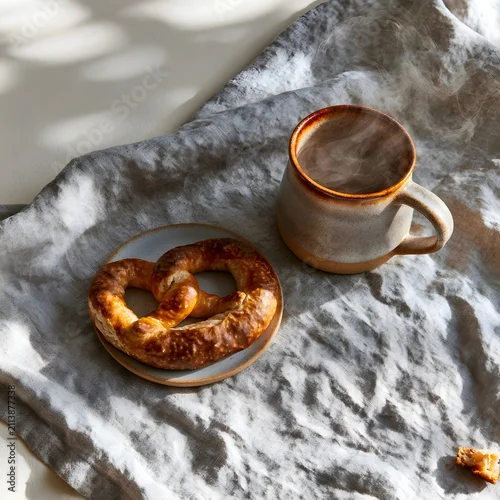Obraz Soft pretzel and stoneware mug on rustic autumn linen tablecloth