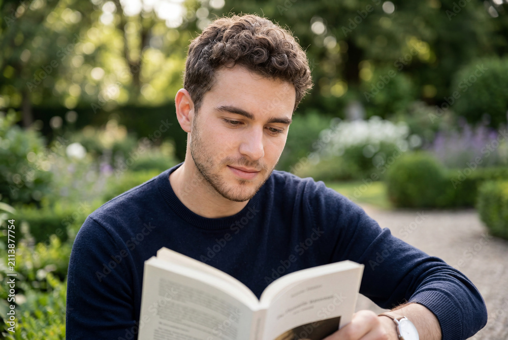 Fototapeta premium Young man reading book in summer garden