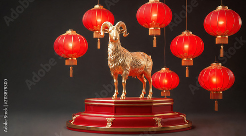 Celebrating the Fire Goat in Chinese New Year 2027 with elegant red lanterns and a golden emblem of prosperity