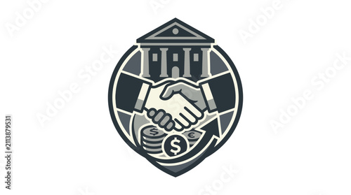 Financial trust icon featuring handshake and bank logo.