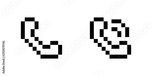 Pixel phone icons set, 8-bit handset and active call symbols, retro blocky communication UI icons