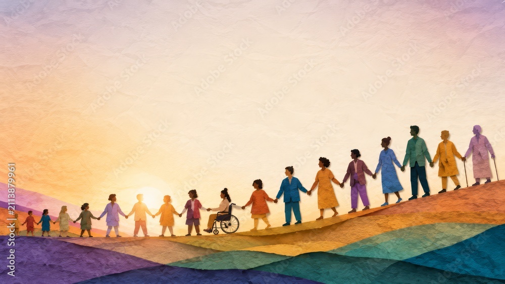 Naklejka premium Diverse group of people holding hands across a colorful rolling landscape at sunrise, silhouetted in unity and inclusion with multigenerational figures and a person in a wheelchair