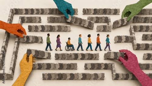 Illustration of diverse people including a person in a wheelchair navigating a maze as large colorful hands rearrange walls, symbolizing accessibility, inclusion and reform