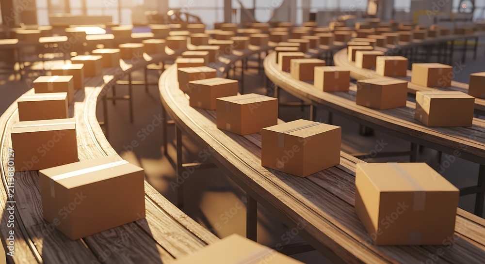 Fototapeta premium Cardboard Boxes on Curved Wooden Benches in Sunny Courtyard