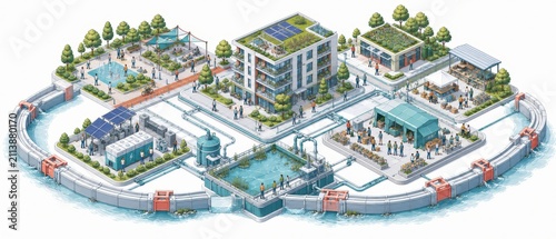 Isometric floating modular water treatment and sustainability hub with rooftop gardens, solar panels, filtration basins, pipelines, walkways and community spaces