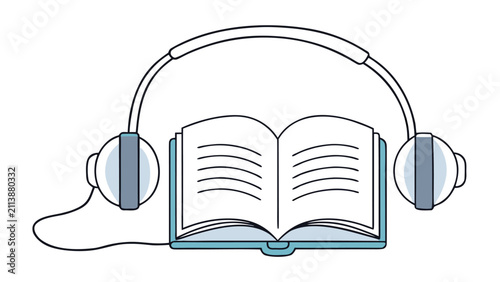 Open book with headphones icon representing audiobook and digital learning concept on a clean white background