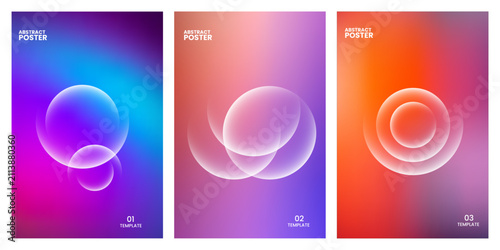 Set of three vertical posters with vibrant gradient backgrounds and abstract glowing circular shapes for modern design projects