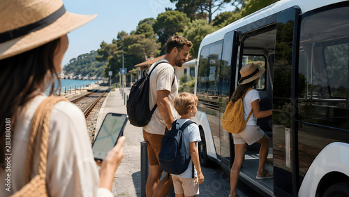 Happy family boarding a modern tourist shuttle bus by the coast