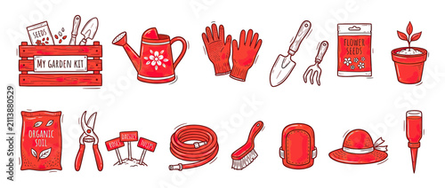 Canvas Print Drawn Garden Tools and Supplies Collection