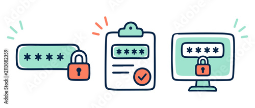 Password colorful doodle set. Set of colored doodle icons on a white background