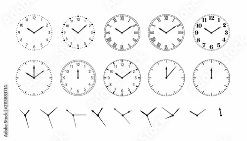 фотографія Clock faces and clock hands are arranged in a collection to provide various design options for timekeeping instruments