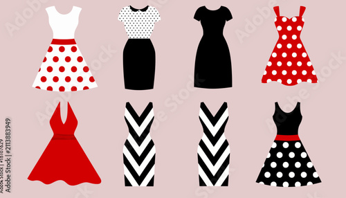 Quadro su tela Dresses in various patterns and cuts are displayed as a curated collection of feminine fashion silhouettes