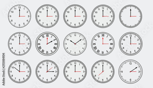 Konstfotografi Clocks display diverse time settings across a grid of fifteen circular wall-mounted timepieces