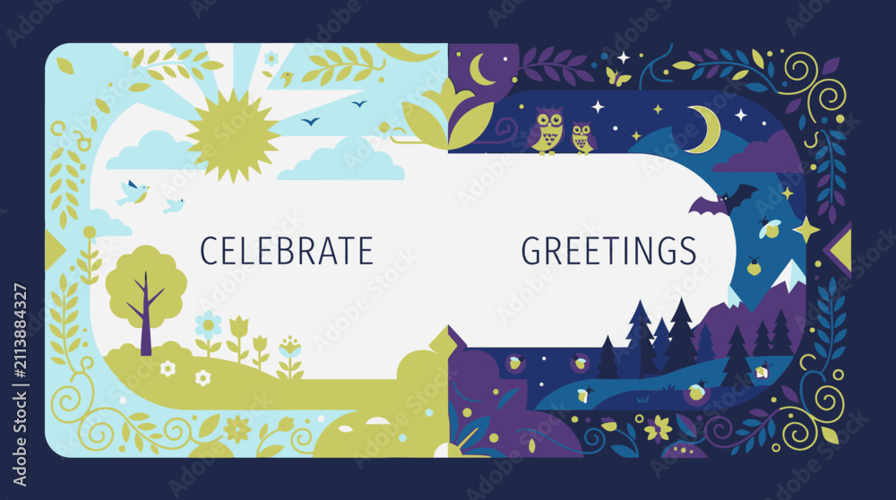 Naklejka premium Day and night landscape banner with decorative nature elements.