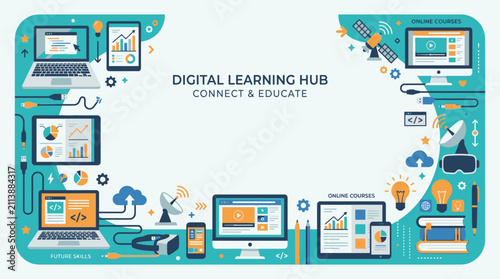 Digital learning hub flat icons border design