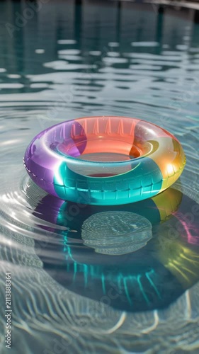 Colorful transparent inflatable ring floating on water surface in swimming pool.