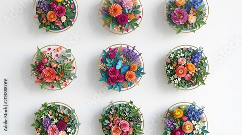A captivating display of nine vibrant, handcrafted floral embroidery art pieces arranged in a grid, showcasing intricate details and diverse blossoms