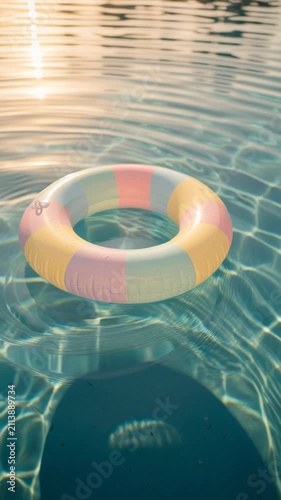 Colorful inflatable swim ring floating on clear water surface in swimming pool.