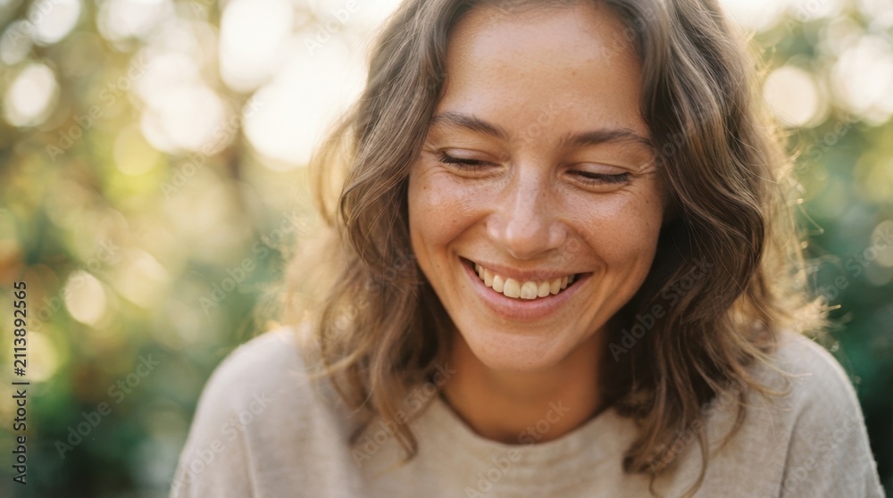 Obraz premium Smiling young adult Caucasian woman looking down with happy expression outdoors in natural sunlight, representing positivity and joy