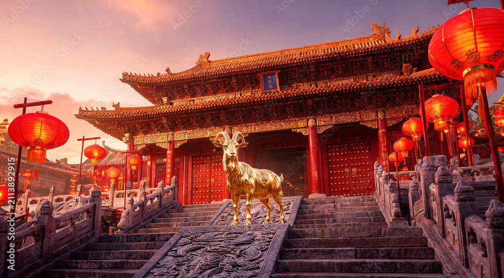 Fototapeta premium Celebrating Chinese New Year 2027 with the majestic Fire Goat under lanterns