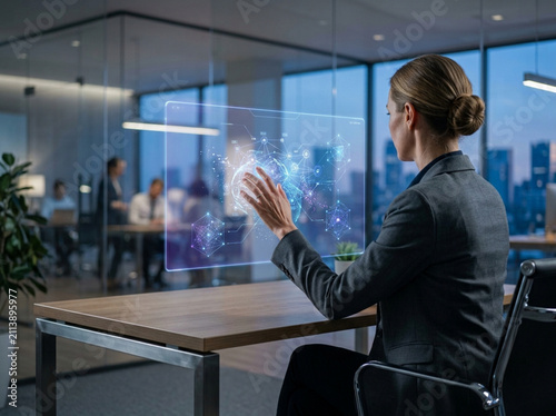 Professional Businesswoman Interacting With Futuristic Holographic Global Network Interface in Modern Office