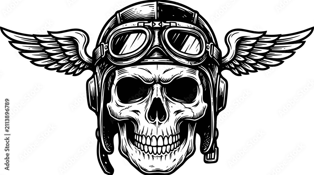 Fototapeta premium Skull with Aviator Helmet and Wings Emblem