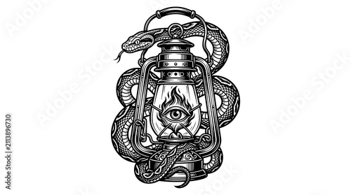Mysterious Lantern Wrapped in Snake with All Seeing Eye Symbol