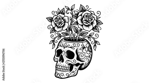 Sugar Skull With Roses Growing Out Of It Day Of The Dead Art