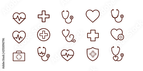 Konstfotografi Medical-Healthcare Line Icon Set With Heart Stethoscope Hospital Cross First Aid