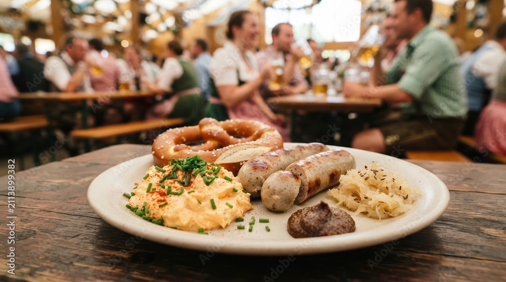 Obraz premium Traditional Bavarian Oktoberfest meal with bratwurst sausages, pretzel, obatzda cheese, and sauerkraut in a festive beer tent setting