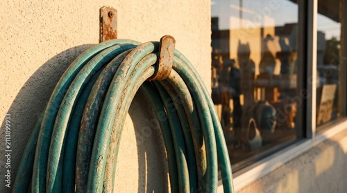 Coiled garden hose hanging on a wall. Green rubber water hose stored on a metal hook.