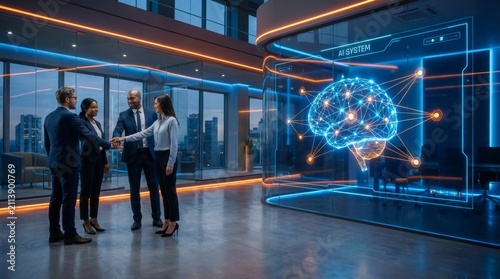 Business Team Collaboration with AI Technology Visualization Indoor