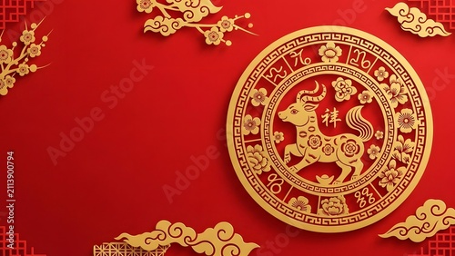 Golden Goat Zodiac Emblem on Red Festive Background with Copy Space
